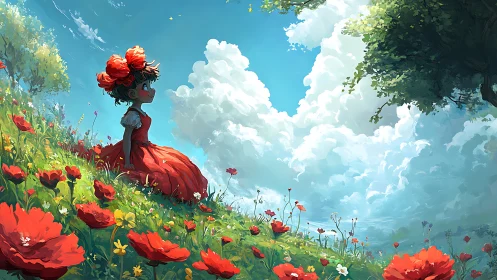 Crimson daydreamer leans into clouds above a wildflower hill