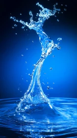 High-speed water splash sculpture under cobalt blue light.