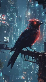 Cybernetic bird silhouette against dense neon cityscape.