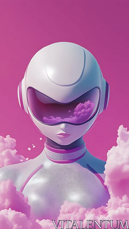 Chromed android pilot with visor cloud reflections in magenta haze
