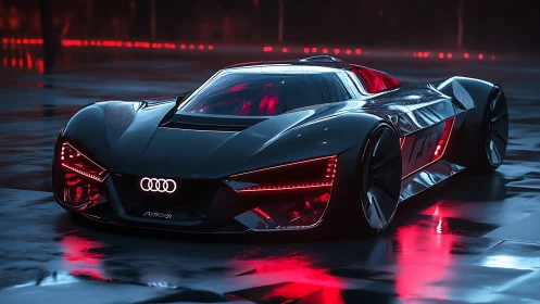 Futuristic Audi concept car rests on wet neon lit pavement