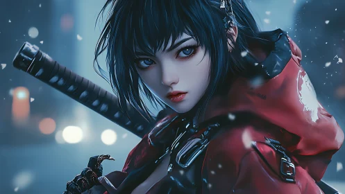 Urban nightblade girl in scarlet tactical hooded jacket.