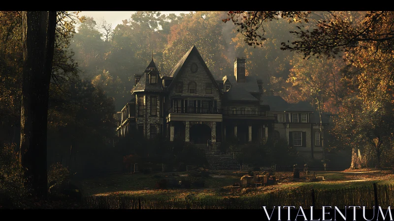 Autumn-shrouded manor broods beneath a hush of golden fog.