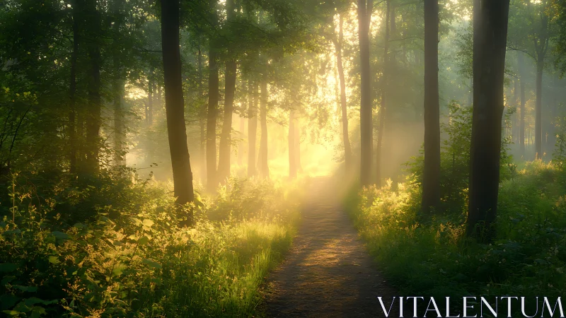 Sunlit forest path in early morning light, tranquil natural scene.