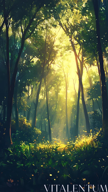 Enchanted forest path glows with golden sunlight through towering trees.