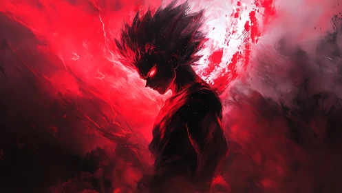 Demonic anime warrior in red inferno energy storm.