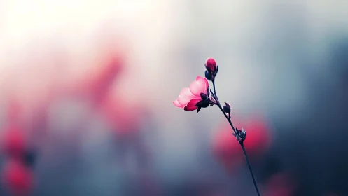 Single pink flower stem is isolated against blurred cool background