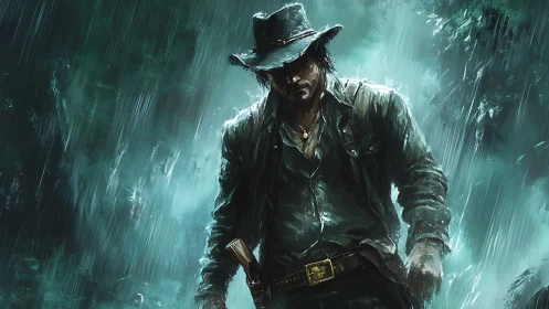 Solitary cowboy figure in heavy rain, digital artwork depiction.