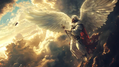 Winged armored figure in luminous cloudscape with staff.