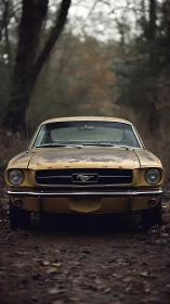Weathered yellow Mustang rests on a misty forest track