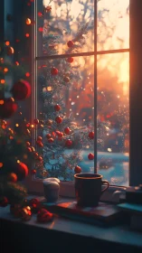 Cozy holiday sunrise through a frosted storybook window.