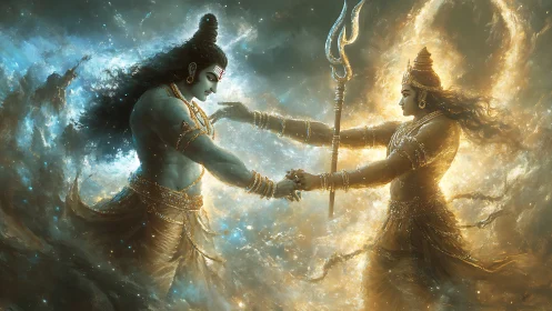 Divine cosmic duel rendered in luminous digital energies.