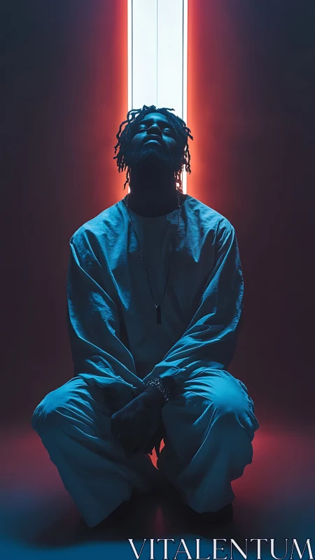 Silhouetted man kneels beneath neon pillar of red-blue light.