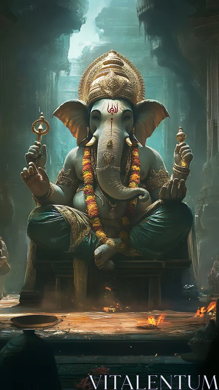 Elephant-headed deity statue seated in dim temple hall.