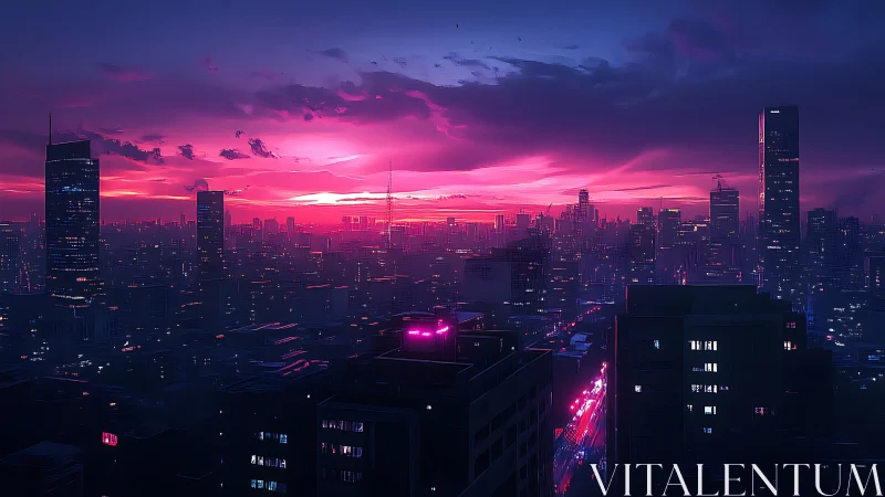 Neon dusk skyline bathing a restless cyber city in magenta.