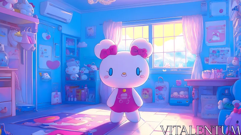 Sunlit toy bunny strolls through a pastel-crammed bedroom