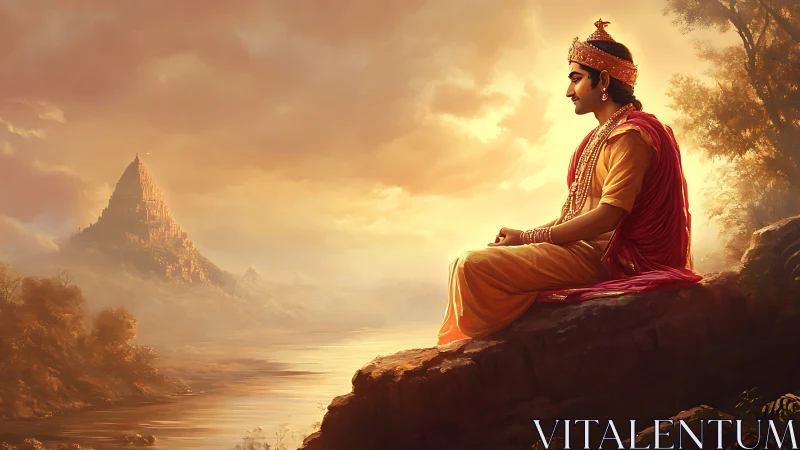 Serene riverbank meditation with a golden evening glow.