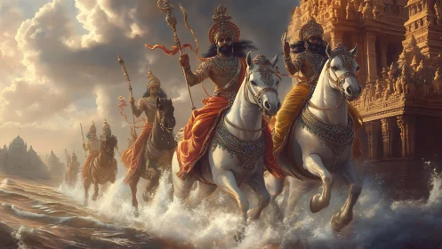 Divine warriors ride jeweled steeds through stormlit temple waters