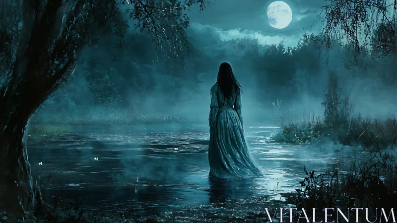 Moonlit spectral figure stands in flooded forest clearing under mist