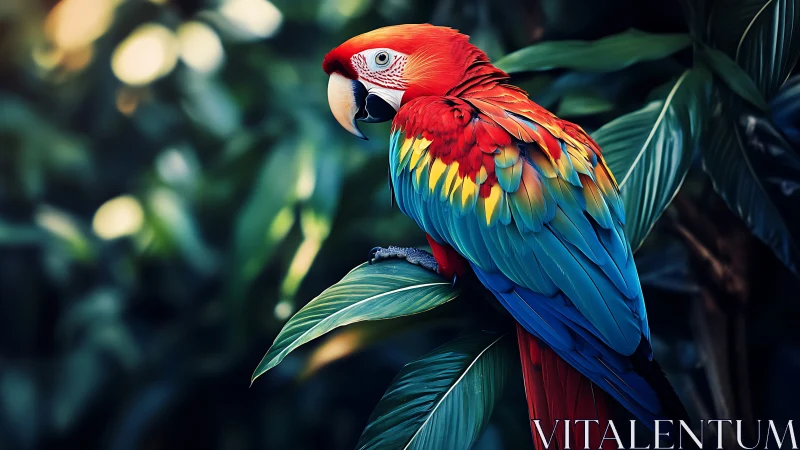 Vibrant Scarlet Macaw Perched on Lush Jungle Foliage, Photorealistic.