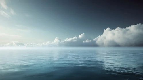 Calm ocean horizon meets dense clouds under soft blue sky