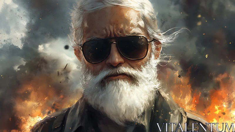 Older man with sunglasses in fiery explosive backdrop scene.