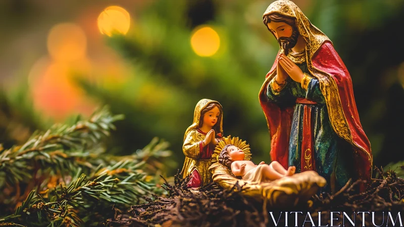 Nativity figurines amid warm Christmas tree lights glow.