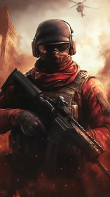 Firestorm commando stands unshaken in ember‑lit chaos.