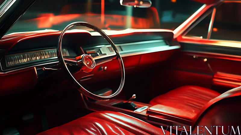 Vintage red car interior glows under warm cinematic lighting