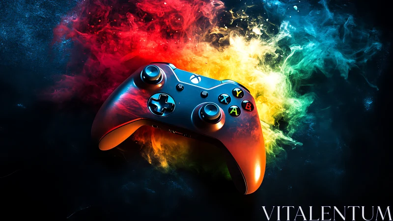 Xbox-style game controller floats amid multicolor smoke