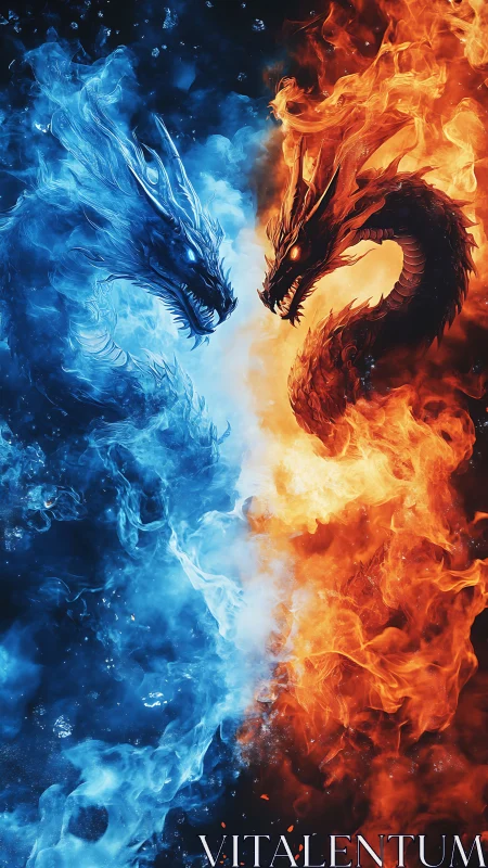 Twin elemental dragons clash where fire licks at frozen storm