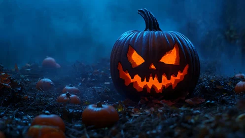 Midnight jack o lantern grins through swirling Halloween fog