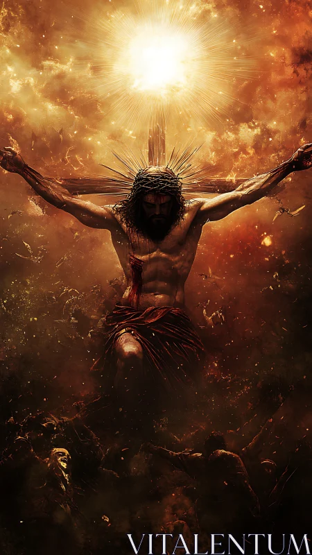 Crucified figure silhouetted against intense radiant light source