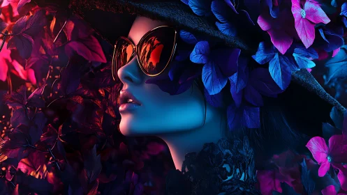 Chromatic portrait of floral-shrouded woman in neon contrast.