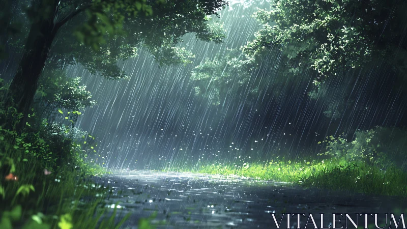 Forest path shows heavy rainfall illuminated by soft daylight