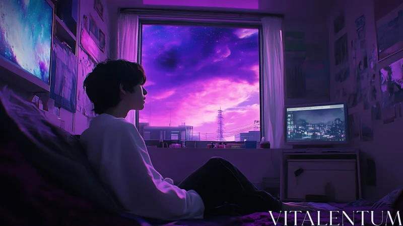 Solitary teen gazes at neon twilight sky from urban room
