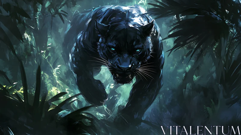 Black Panther in Mystical Forest with Glowing Blue Eyes.