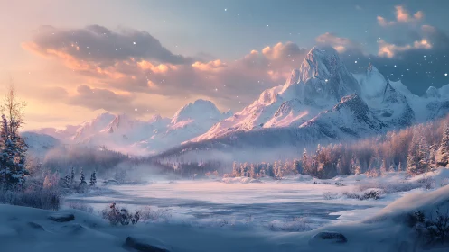 Aurora-kissed winter peaks guarding a hush-frozen valley.