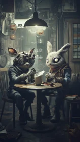 Cinematic digital painting of nocturnal tinkering animals at table.