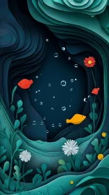 Layered aquatic paper-cut garden with stylized fish forms.