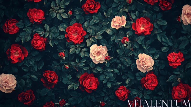 Dense Floral Composition: Red and Blush Roses with Deep Teal Foliage.