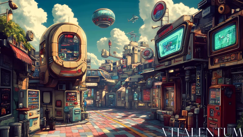 Retro-futuristic city street glows under a bright teal sky