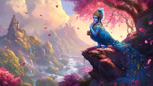 Peacock-tailed deity dreaming above cascades of pink light.