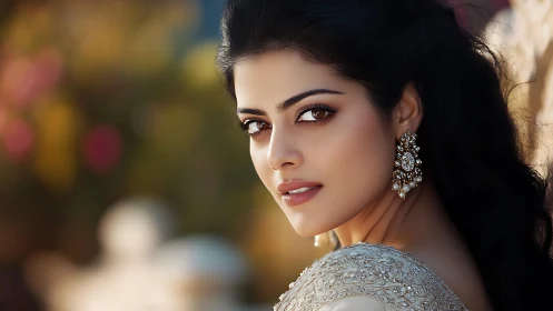Side profile portrait of woman with ornate earrings.