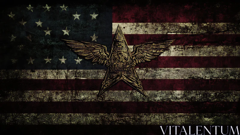Winged star emblem scars a weathered American flag.
