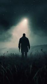 Lone figure with gun walks toward ominous moonlit beam.