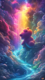 Fluffy bear drifts through luminous nebula above glowing river