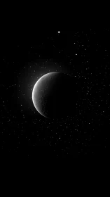Crescent planet in sparse starfield on dark background.