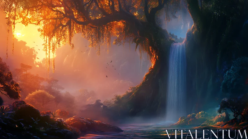 Sunlit rainforest waterfall flows beneath massive glowing tree