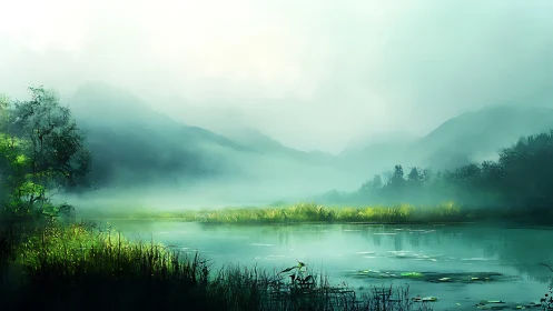 Foggy lake with distant hills and shoreline vegetation.